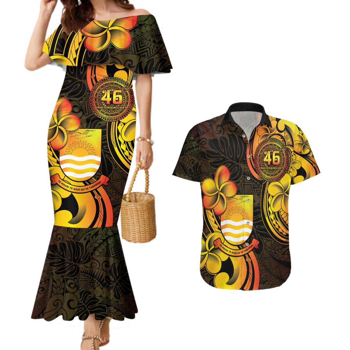Personalised Kiribati Independence Day Couples Matching Mermaid Dress and Hawaiian Shirt 46th Anniversary