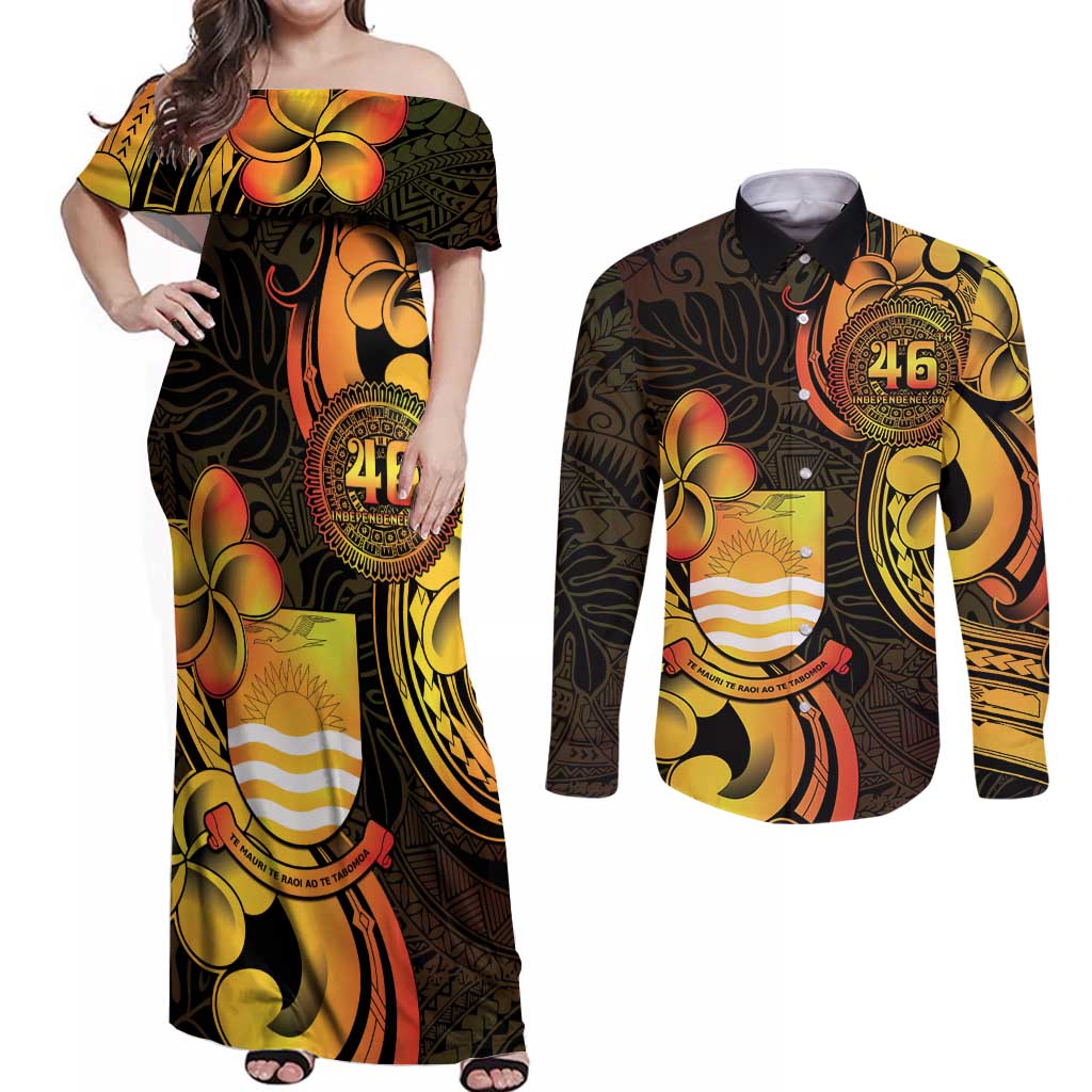 Personalised Kiribati Independence Day Couples Matching Off Shoulder Maxi Dress and Long Sleeve Button Shirt 46th Anniversary