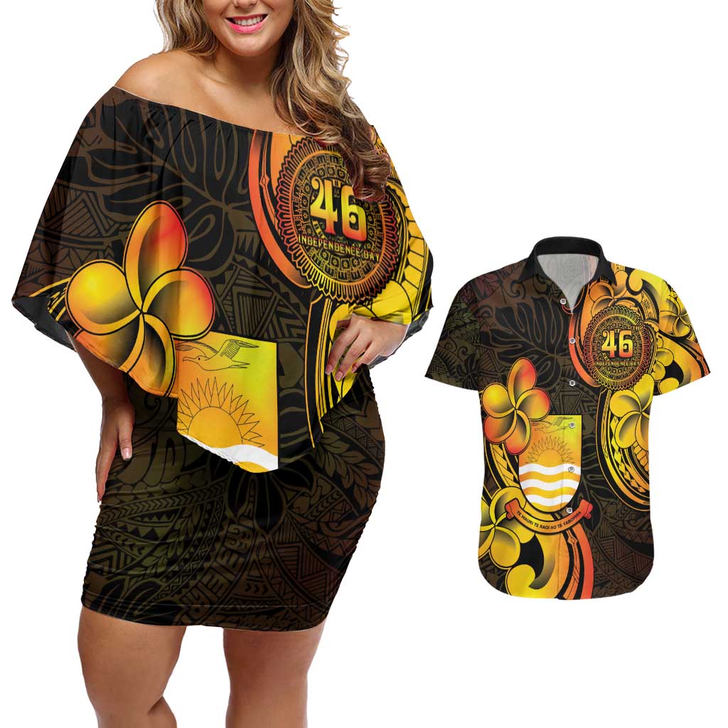 Personalised Kiribati Independence Day Couples Matching Off Shoulder Short Dress and Hawaiian Shirt 46th Anniversary