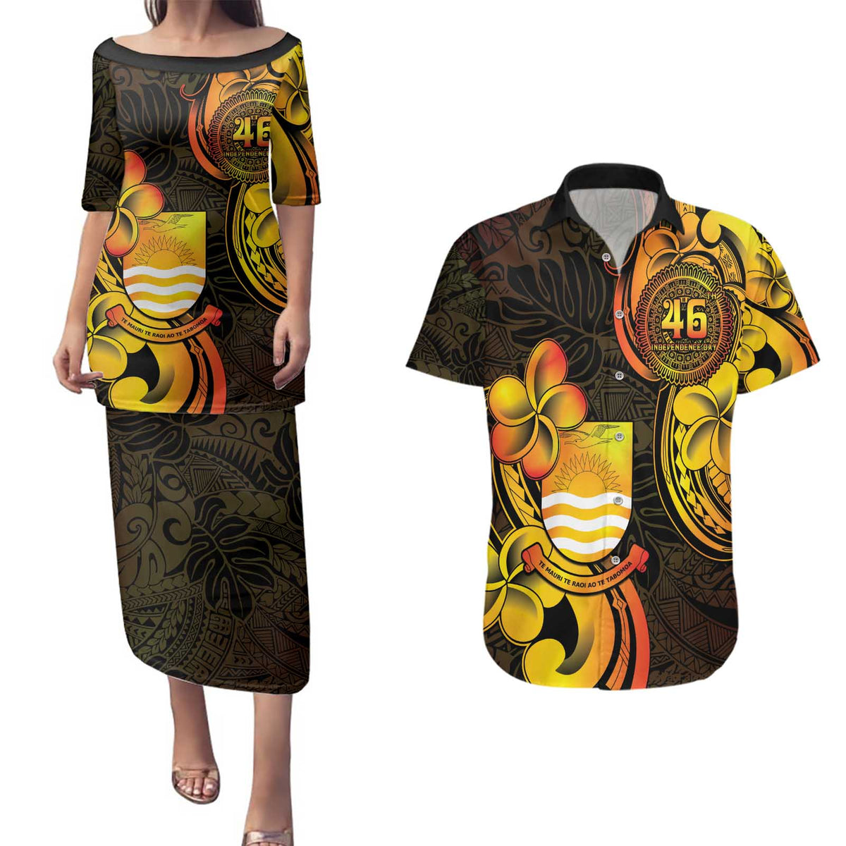 Personalised Kiribati Independence Day Couples Matching Puletasi and Hawaiian Shirt 46th Anniversary