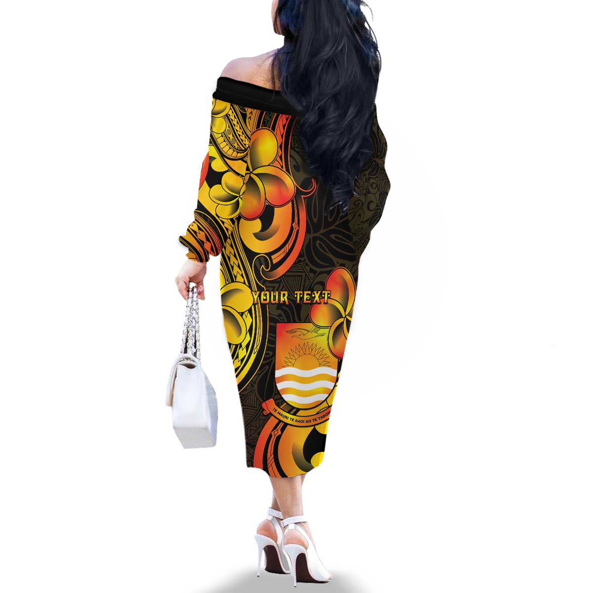 Personalised Kiribati Independence Day Family Matching Off The Shoulder Long Sleeve Dress and Hawaiian Shirt 46th Anniversary