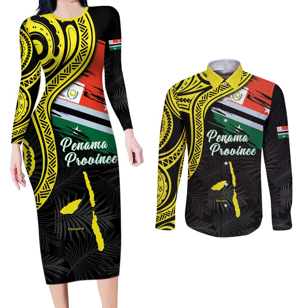 Personalised Vanuatu Penama Day Couples Matching Long Sleeve Bodycon Dress and Long Sleeve Button Shirt Grunge Flag Style LT05 Black - Polynesian Pride