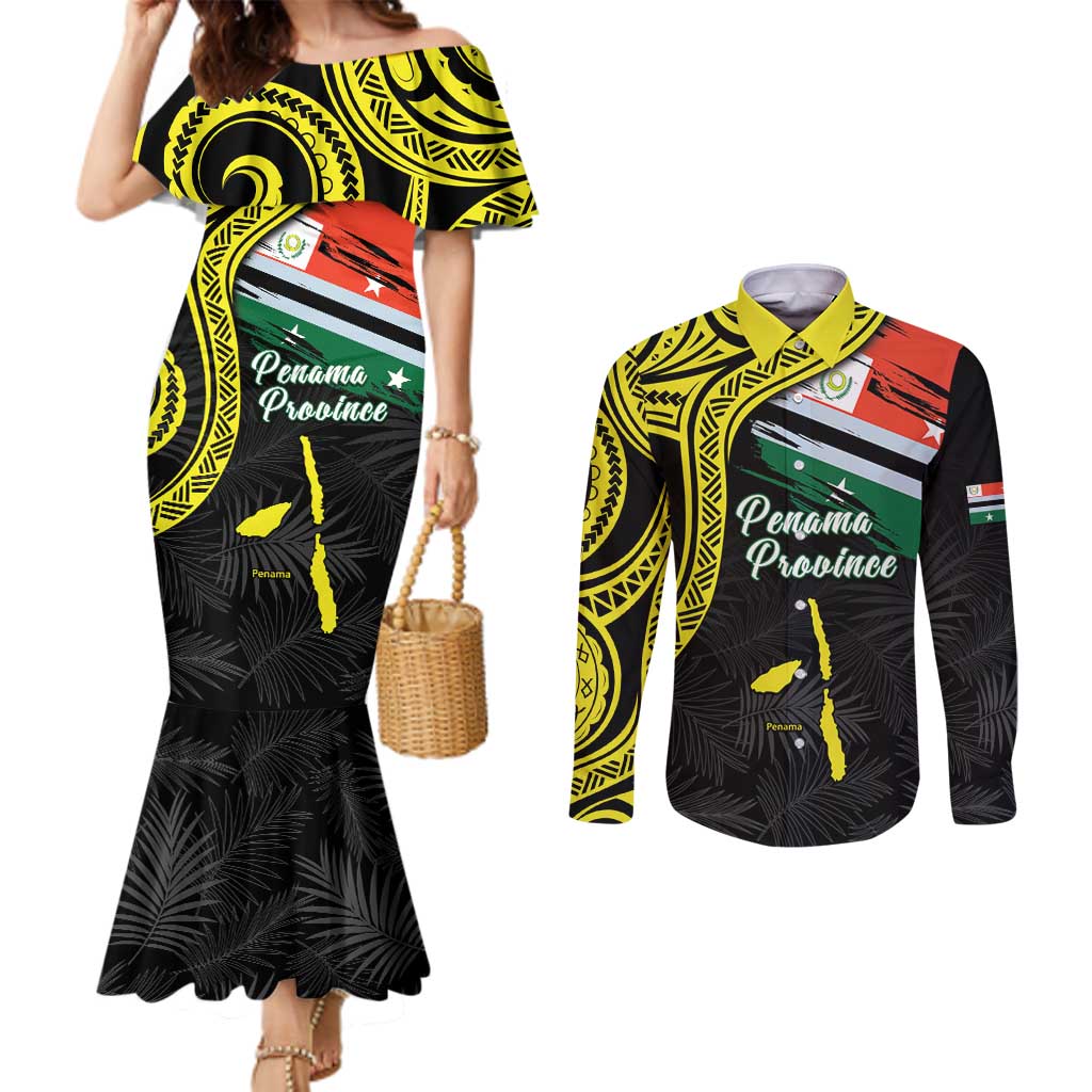 Personalised Vanuatu Penama Day Couples Matching Mermaid Dress and Long Sleeve Button Shirt Grunge Flag Style LT05 Black - Polynesian Pride