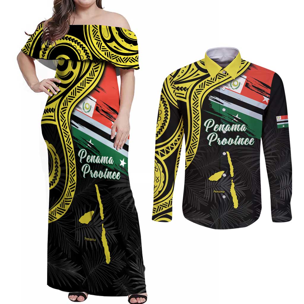 Personalised Vanuatu Penama Day Couples Matching Off Shoulder Maxi Dress and Long Sleeve Button Shirt Grunge Flag Style LT05 Black - Polynesian Pride