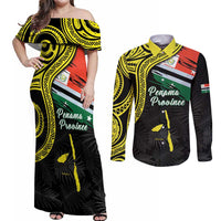 Personalised Vanuatu Penama Day Couples Matching Off Shoulder Maxi Dress and Long Sleeve Button Shirt Grunge Flag Style LT05 Black - Polynesian Pride