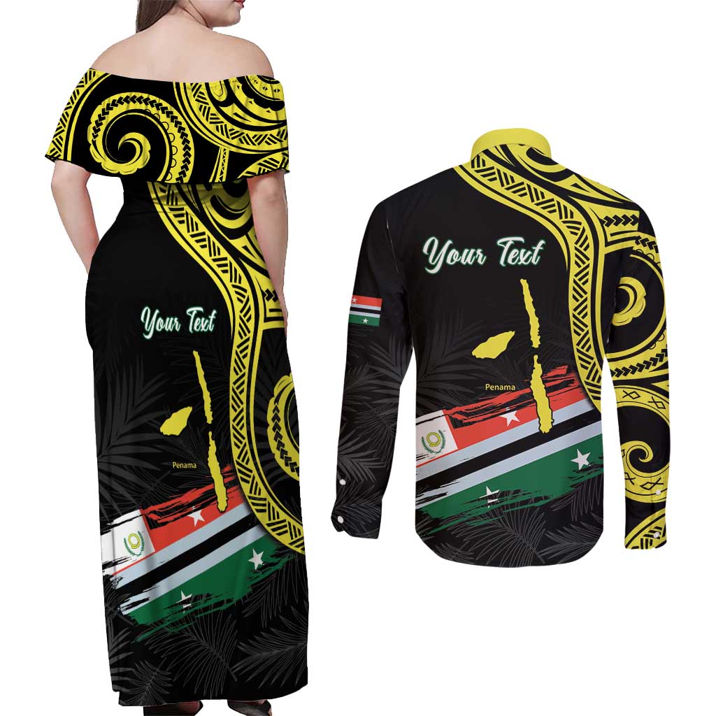 Personalised Vanuatu Penama Day Couples Matching Off Shoulder Maxi Dress and Long Sleeve Button Shirt Grunge Flag Style LT05 - Polynesian Pride