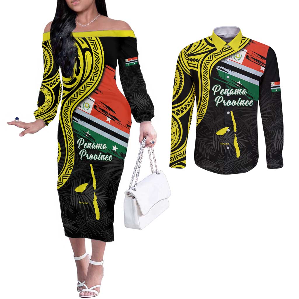Personalised Vanuatu Penama Day Couples Matching Off The Shoulder Long Sleeve Dress and Long Sleeve Button Shirt Grunge Flag Style LT05 Black - Polynesian Pride