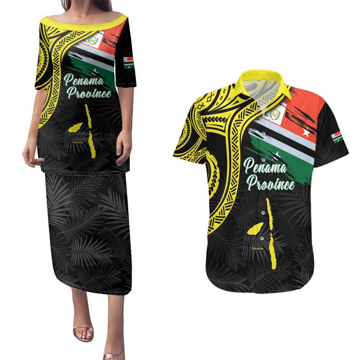 Personalised Vanuatu Penama Day Couples Matching Puletasi and Hawaiian Shirt Grunge Flag Style LT05 Black - Polynesian Pride