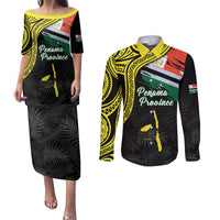 Personalised Vanuatu Penama Day Couples Matching Puletasi and Long Sleeve Button Shirt Grunge Flag Style LT05 Black - Polynesian Pride