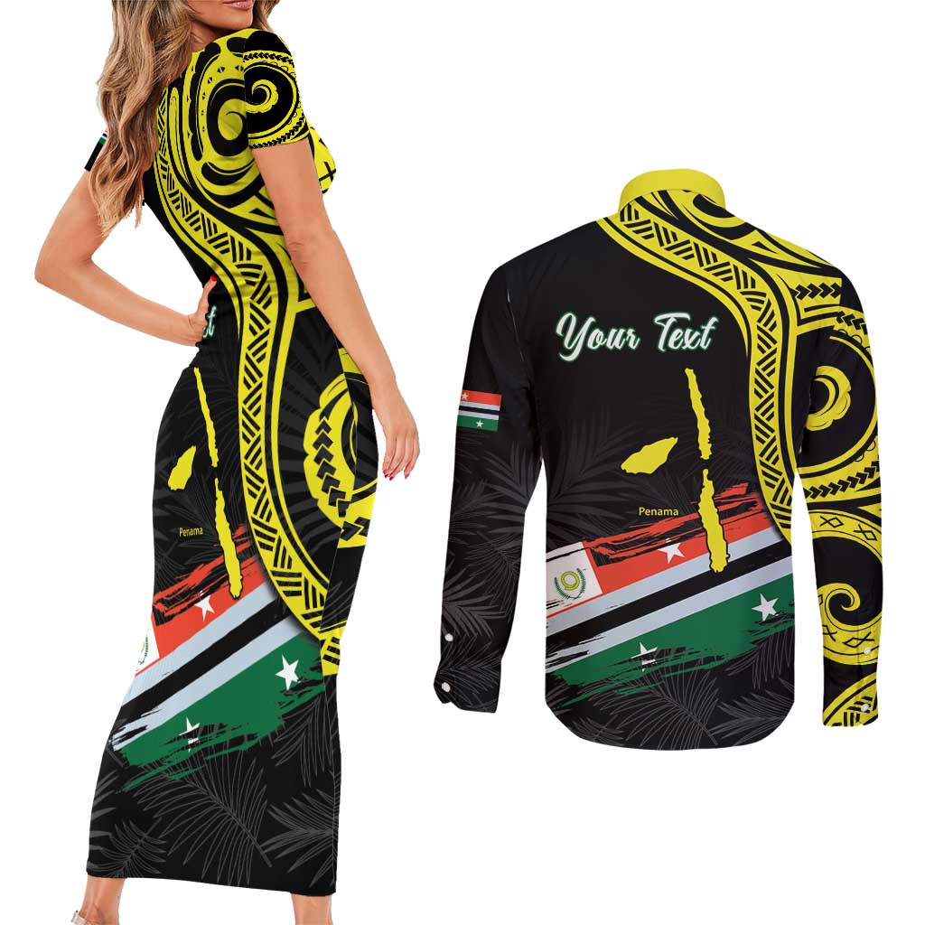 Personalised Vanuatu Penama Day Couples Matching Short Sleeve Bodycon Dress and Long Sleeve Button Shirt Grunge Flag Style LT05 - Polynesian Pride