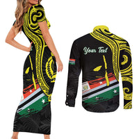 Personalised Vanuatu Penama Day Couples Matching Short Sleeve Bodycon Dress and Long Sleeve Button Shirt Grunge Flag Style LT05 - Polynesian Pride