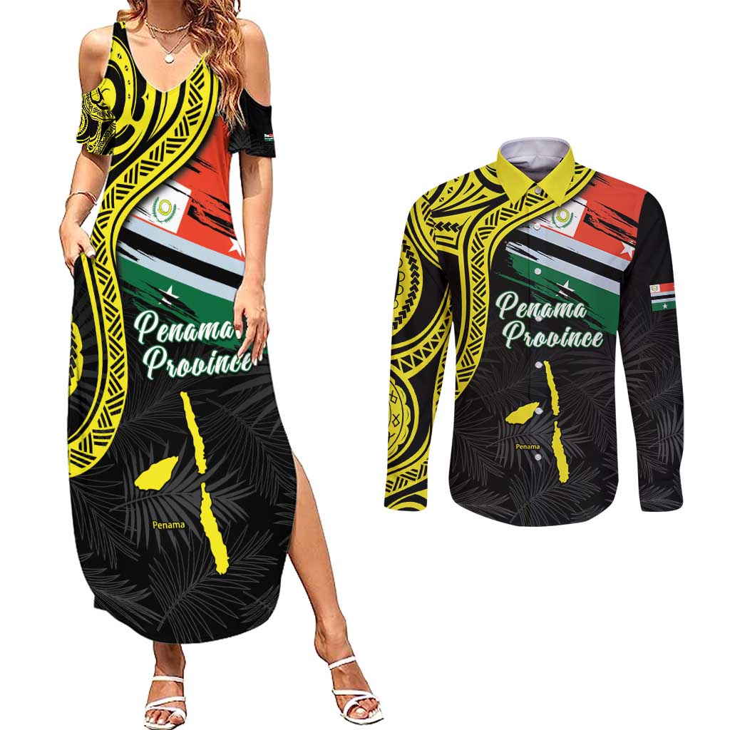 Personalised Vanuatu Penama Day Couples Matching Summer Maxi Dress and Long Sleeve Button Shirt Grunge Flag Style LT05 Black - Polynesian Pride