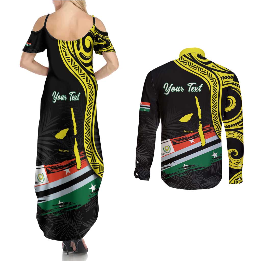 Personalised Vanuatu Penama Day Couples Matching Summer Maxi Dress and Long Sleeve Button Shirt Grunge Flag Style LT05 - Polynesian Pride