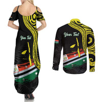 Personalised Vanuatu Penama Day Couples Matching Summer Maxi Dress and Long Sleeve Button Shirt Grunge Flag Style LT05 - Polynesian Pride