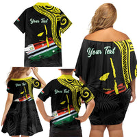 Personalised Vanuatu Penama Day Family Matching Off Shoulder Short Dress and Hawaiian Shirt Grunge Flag Style - Polynesian Pride