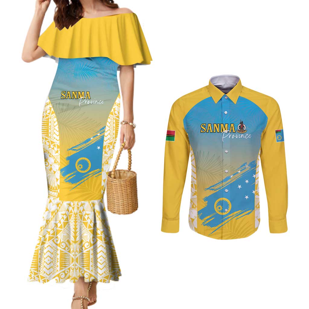 Personalised Vanuatu Sanma Day Couples Matching Mermaid Dress and Long Sleeve Button Shirt Special Style LT05 Yellow - Polynesian Pride