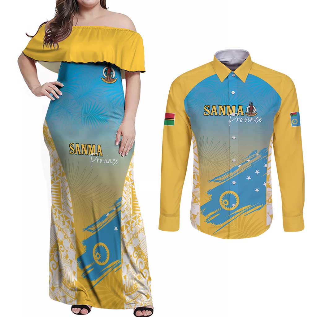 Personalised Vanuatu Sanma Day Couples Matching Off Shoulder Maxi Dress and Long Sleeve Button Shirt Special Style LT05 Yellow - Polynesian Pride