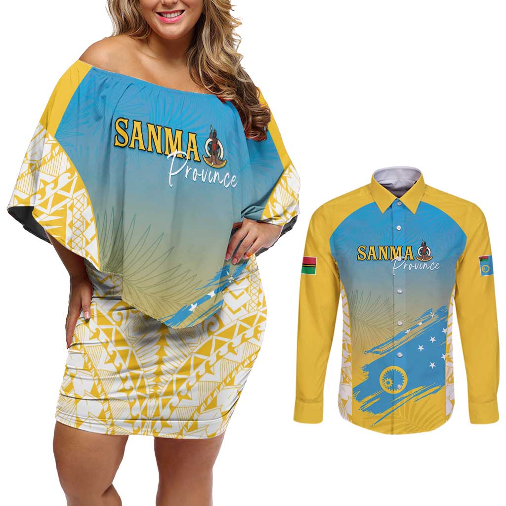 Personalised Vanuatu Sanma Day Couples Matching Off Shoulder Short Dress and Long Sleeve Button Shirt Special Style LT05 Yellow - Polynesian Pride