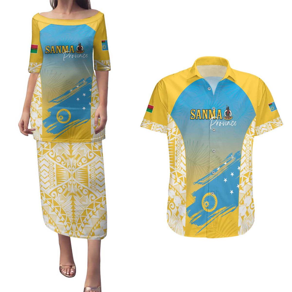 Personalised Vanuatu Sanma Day Couples Matching Puletasi and Hawaiian Shirt Special Style LT05 Yellow - Polynesian Pride