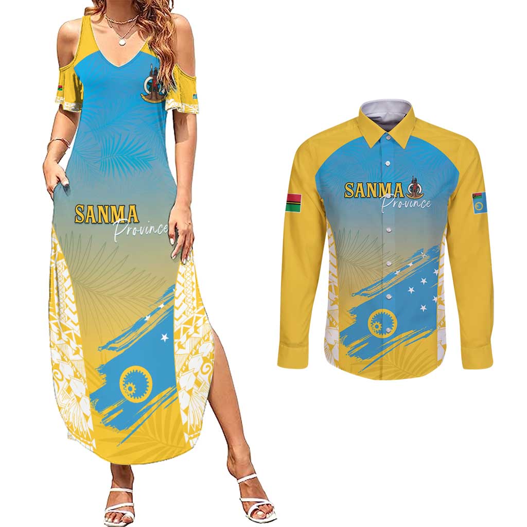 Personalised Vanuatu Sanma Day Couples Matching Summer Maxi Dress and Long Sleeve Button Shirt Special Style LT05 Yellow - Polynesian Pride