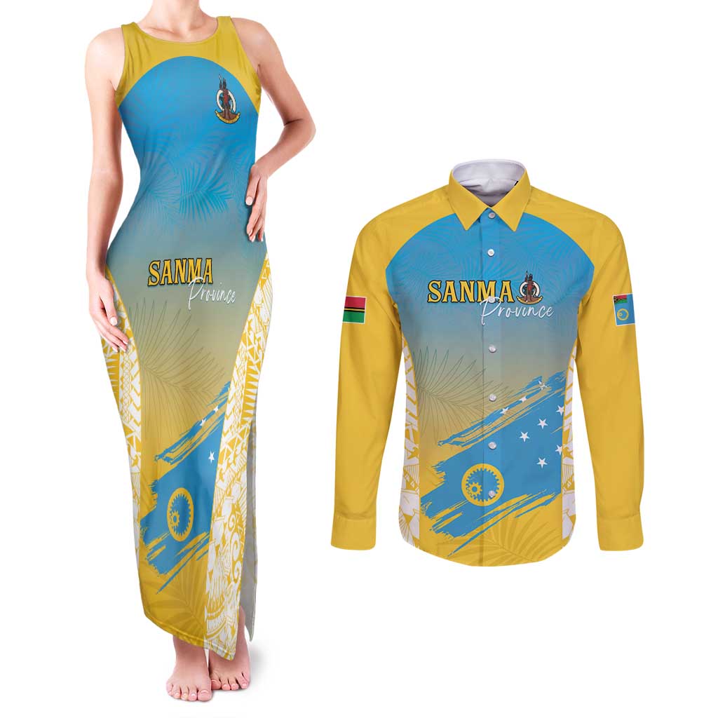 Personalised Vanuatu Sanma Day Couples Matching Tank Maxi Dress and Long Sleeve Button Shirt Special Style LT05 Yellow - Polynesian Pride