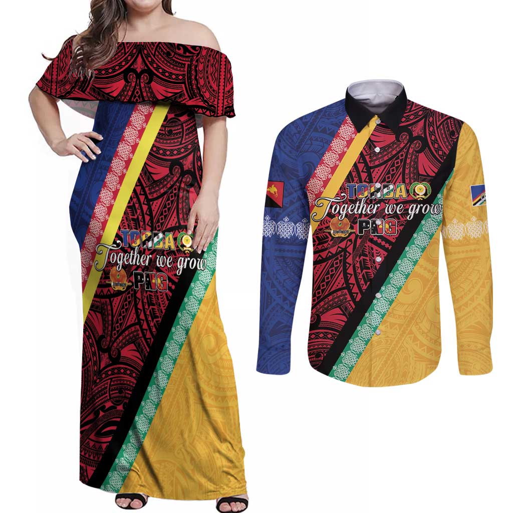 Love Torba PNG Day Couples Matching Off Shoulder Maxi Dress and Long Sleeve Button Shirt Together We Grow - Polynesian Pride