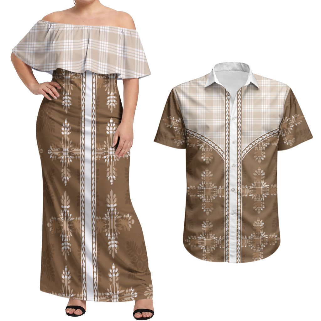 Beige Hawaii Paniolo Quilt Motif Couples Matching Off Shoulder Maxi Dress and Hawaiian Shirt LT05 Beige - Polynesian Pride