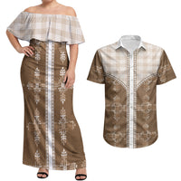 Beige Hawaii Paniolo Quilt Motif Couples Matching Off Shoulder Maxi Dress and Hawaiian Shirt LT05 Beige - Polynesian Pride