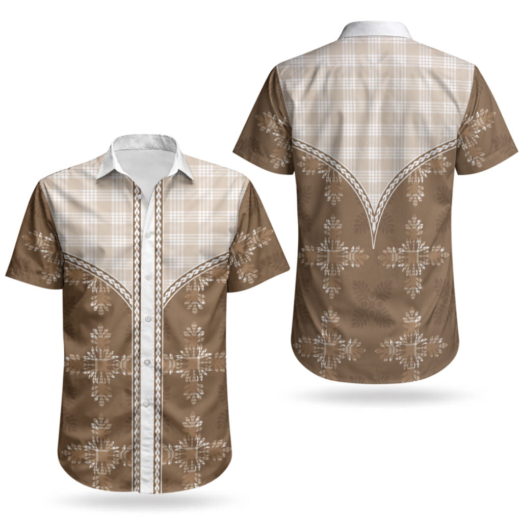 Beige Hawaii Paniolo Quilt Motif Couples Matching Off Shoulder Maxi Dress and Hawaiian Shirt LT05 - Polynesian Pride
