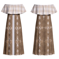 Beige Hawaii Paniolo Quilt Motif Couples Matching Off Shoulder Maxi Dress and Hawaiian Shirt LT05 - Polynesian Pride