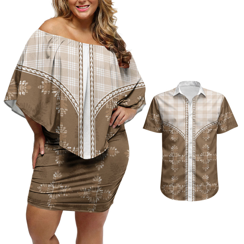 Beige Hawaii Paniolo Quilt Motif Couples Matching Off Shoulder Short Dress and Hawaiian Shirt LT05 Beige - Polynesian Pride