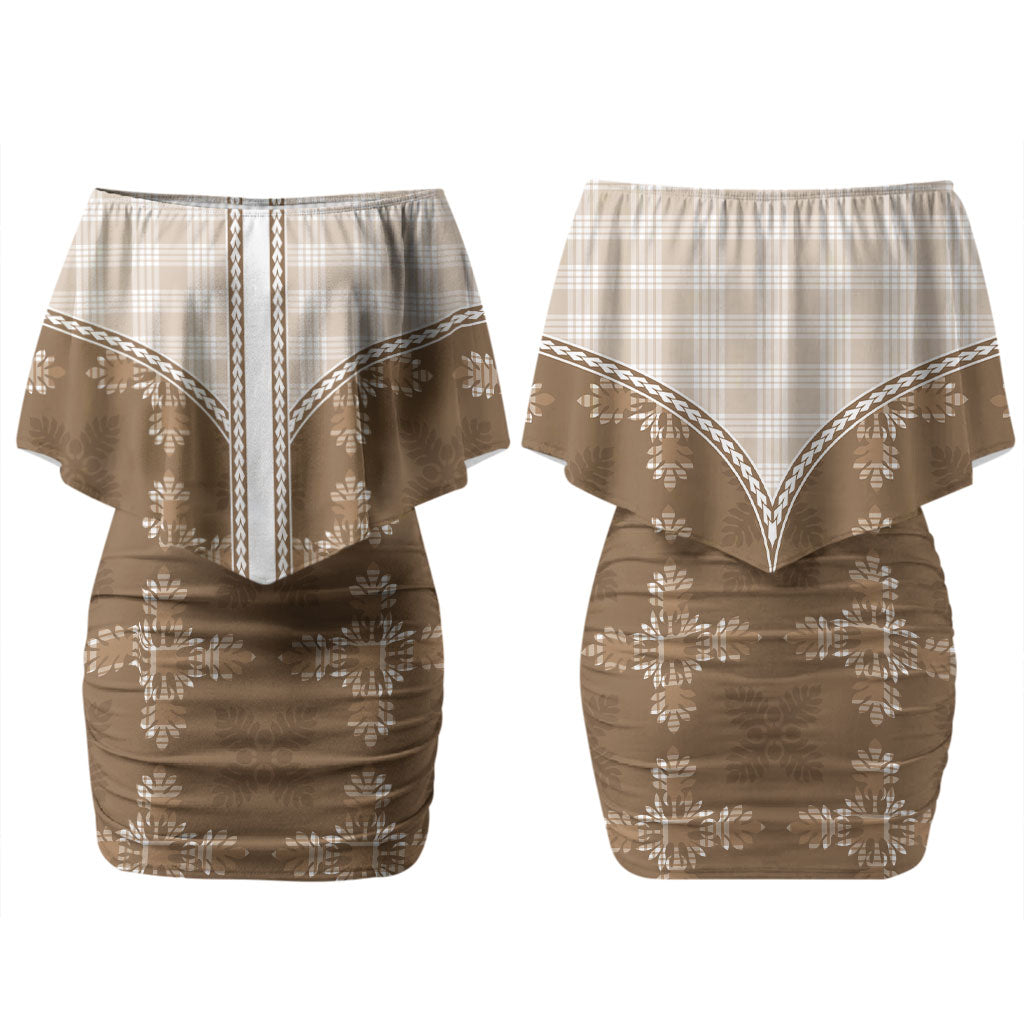 Beige Hawaii Paniolo Quilt Motif Couples Matching Off Shoulder Short Dress and Hawaiian Shirt LT05 - Polynesian Pride