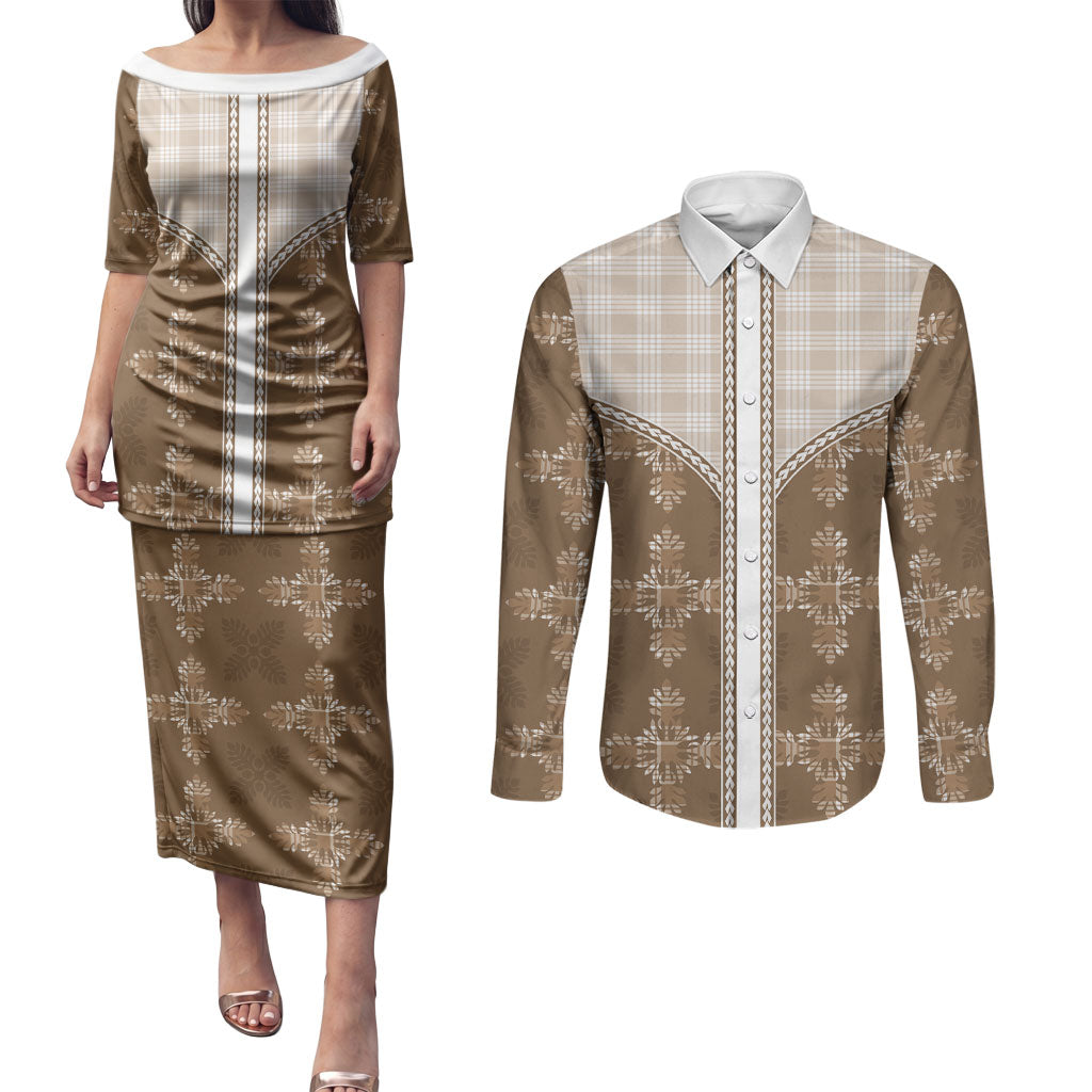 Beige Hawaii Paniolo Quilt Motif Couples Matching Puletasi and Long Sleeve Button Shirt LT05 Beige - Polynesian Pride