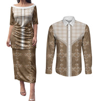 Beige Hawaii Paniolo Quilt Motif Couples Matching Puletasi and Long Sleeve Button Shirt LT05 Beige - Polynesian Pride