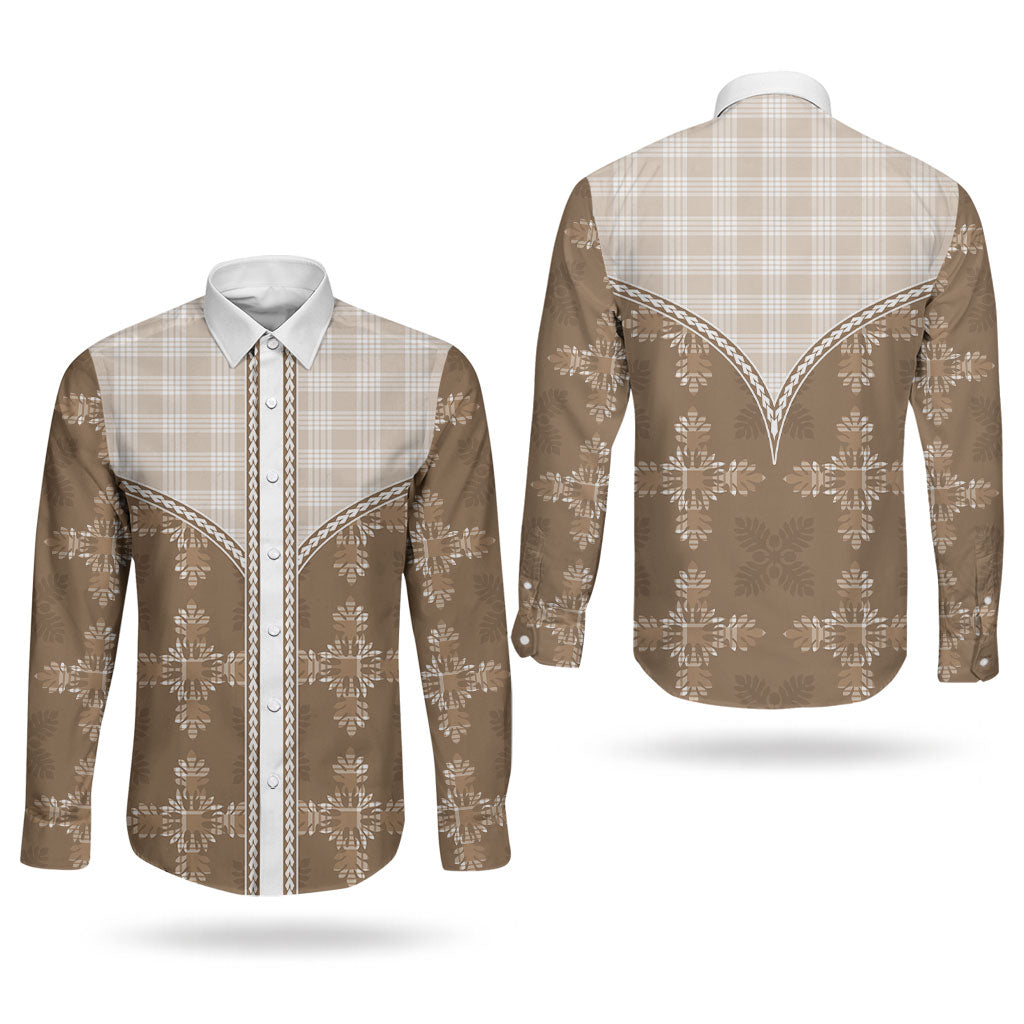 Beige Hawaii Paniolo Quilt Motif Couples Matching Puletasi and Long Sleeve Button Shirt LT05 - Polynesian Pride