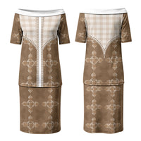 Beige Hawaii Paniolo Quilt Motif Couples Matching Puletasi and Long Sleeve Button Shirt LT05 - Polynesian Pride