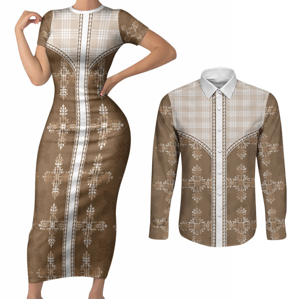 Beige Hawaii Paniolo Quilt Motif Couples Matching Short Sleeve Bodycon Dress and Long Sleeve Button Shirt