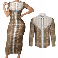 Beige Hawaii Paniolo Quilt Motif Couples Matching Short Sleeve Bodycon Dress and Long Sleeve Button Shirt LT05 Beige - Polynesian Pride