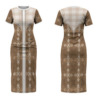 Beige Hawaii Paniolo Quilt Motif Couples Matching Short Sleeve Bodycon Dress and Long Sleeve Button Shirt LT05 - Polynesian Pride