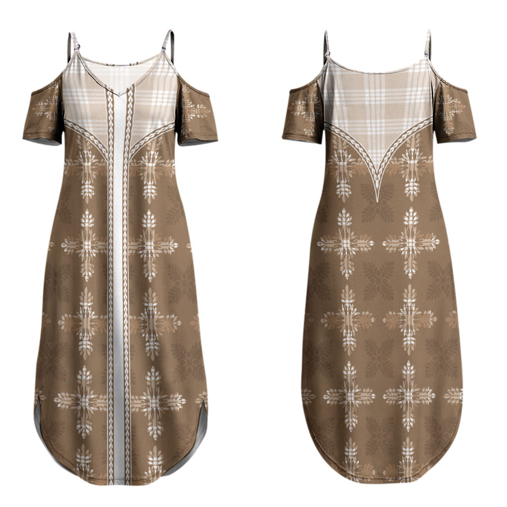 Beige Hawaii Paniolo Quilt Motif Couples Matching Summer Maxi Dress and Hawaiian Shirt LT05 - Polynesian Pride