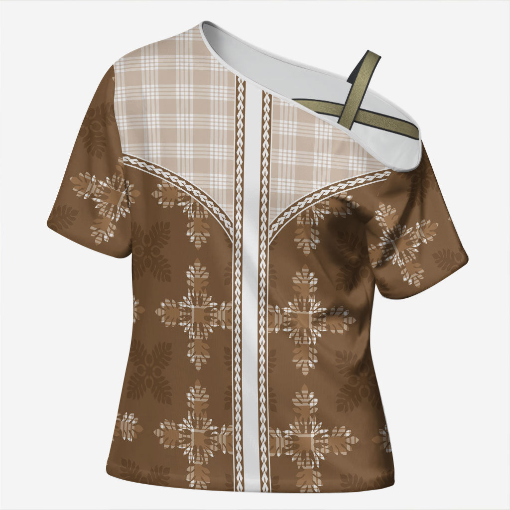 Beige Hawaii Paniolo Quilt Motif Cross Shoulder Shirt LT05 Female Beige - Polynesian Pride