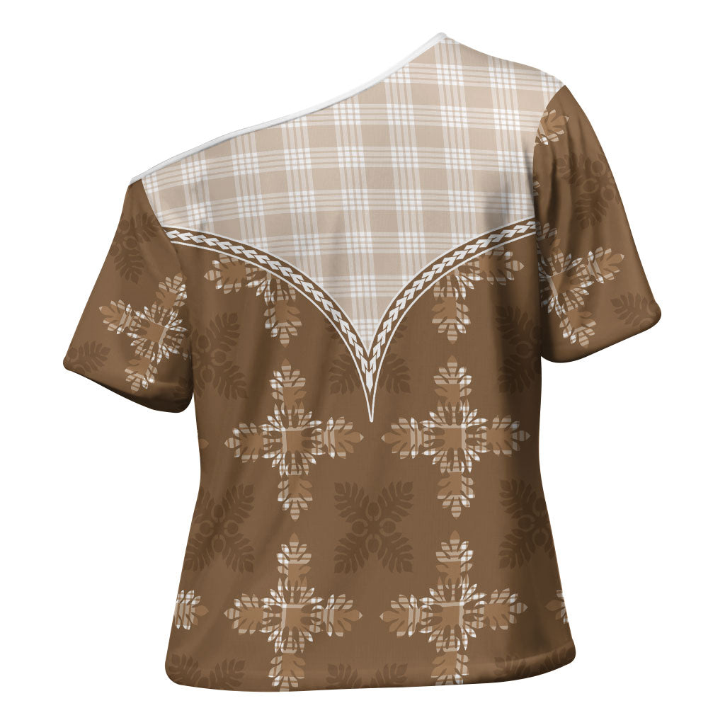 Beige Hawaii Paniolo Quilt Motif Cross Shoulder Shirt LT05 - Polynesian Pride