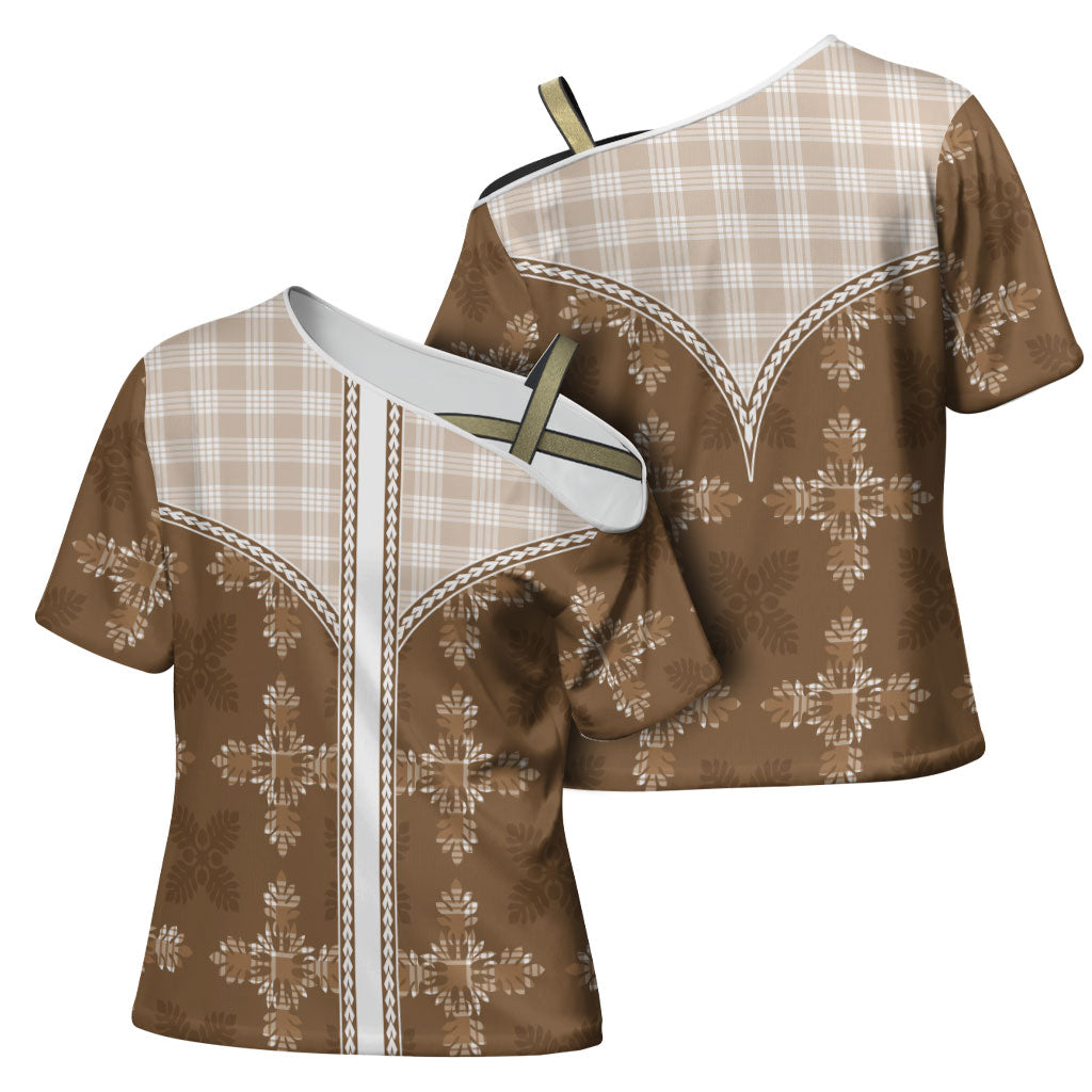 Beige Hawaii Paniolo Quilt Motif Cross Shoulder Shirt LT05 - Polynesian Pride