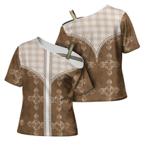 Beige Hawaii Paniolo Quilt Motif Cross Shoulder Shirt LT05 - Polynesian Pride