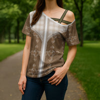Beige Hawaii Paniolo Quilt Motif Cross Shoulder Shirt LT05 - Polynesian Pride