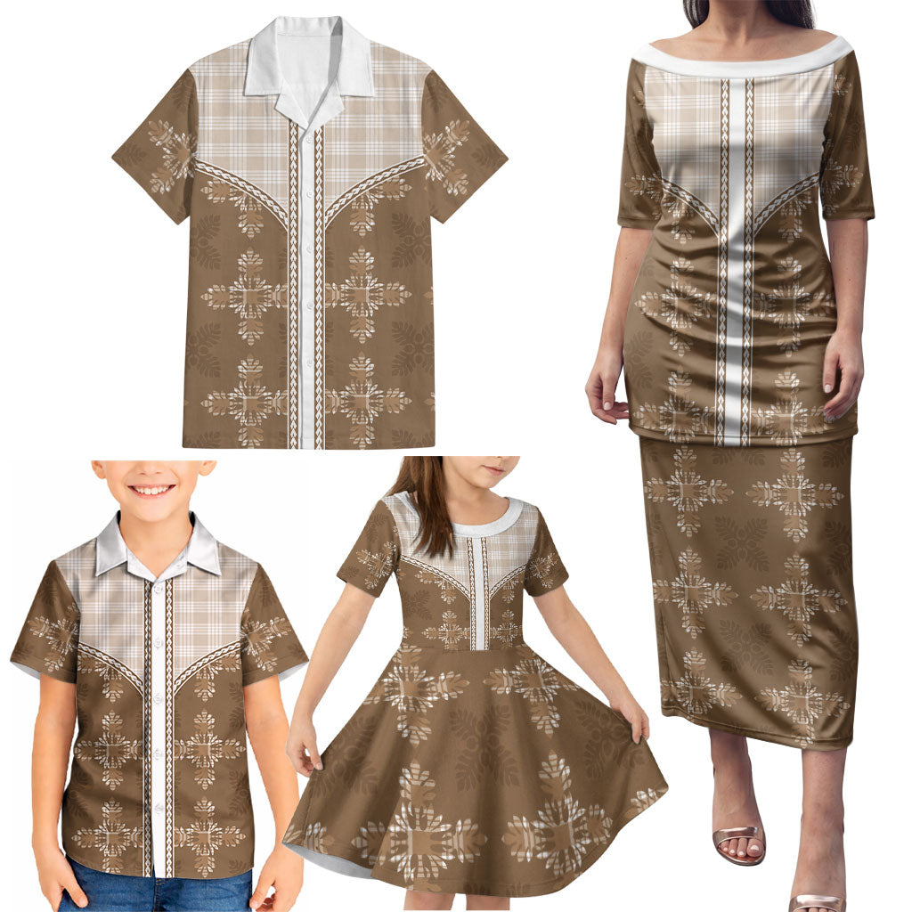 Beige Hawaii Paniolo Quilt Motif Family Matching Puletasi and Hawaiian Shirt