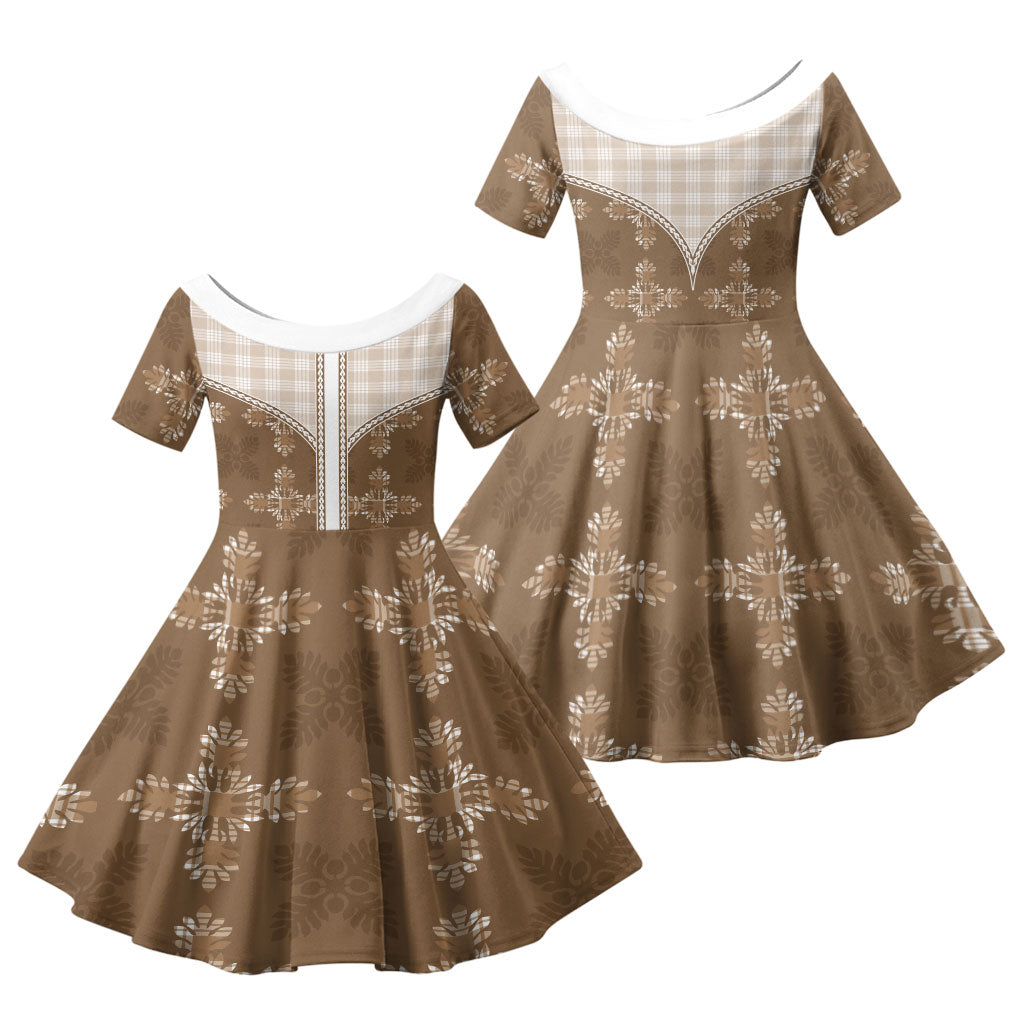 Beige Hawaii Paniolo Quilt Motif Family Matching Summer Maxi Dress and Hawaiian Shirt LT05 Daughter's Dress Beige - Polynesian Pride