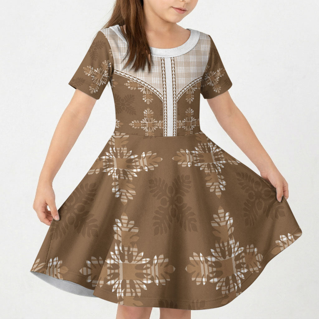 Beige Hawaii Paniolo Quilt Motif Kid Short Sleeve Dress LT05 KID Beige - Polynesian Pride