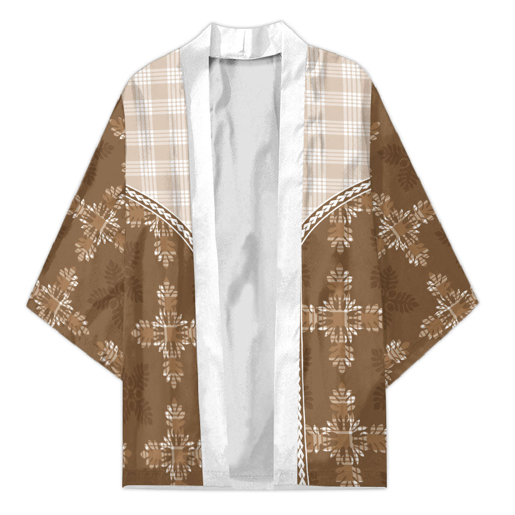 Beige Hawaii Paniolo Quilt Motif Kimono LT05 Unisex Beige - Polynesian Pride