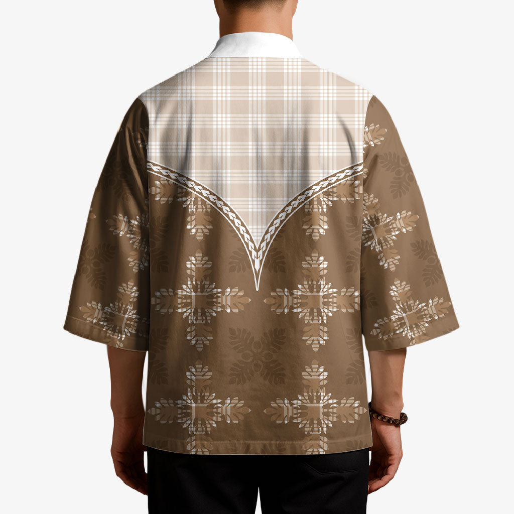 Beige Hawaii Paniolo Quilt Motif Kimono LT05 - Polynesian Pride